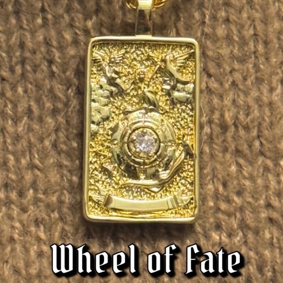 Gold Tarot "Wheel of Fate" Card on Vermeil Gold/925 Sterling Silver Rope chain - Picture 3 of 3
